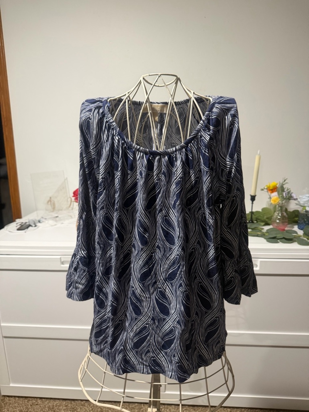 MICHAEL Michael Kors Navy and White Swirl Print Peasant Top